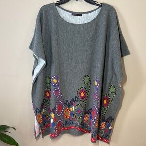 Do Everything in Love Gray Poncho with Colorful Boho Floral Border